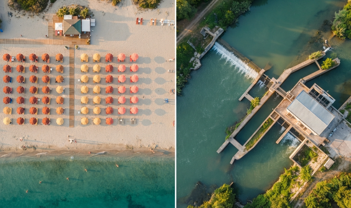 Lido balneare e impianto idroelettrico visti dall'alto: due usi di risorse demaniali