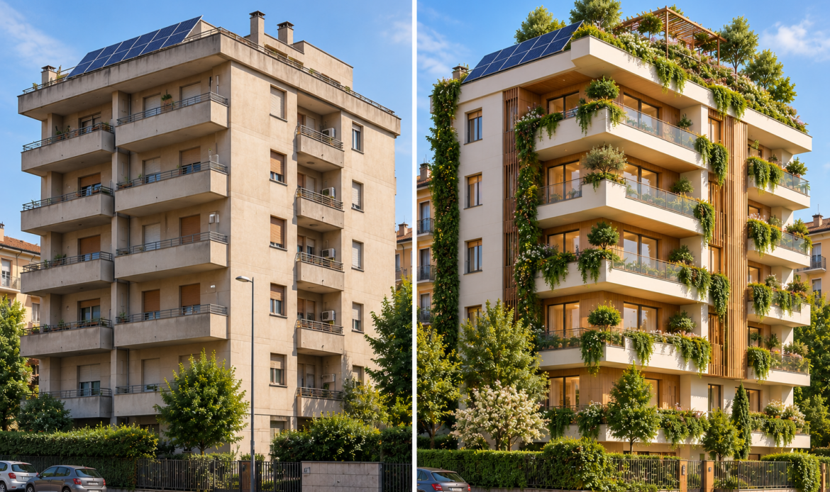 Sostenibilità edilizia: edificio riqualificato con pannelli fotovoltaici e tetto verde