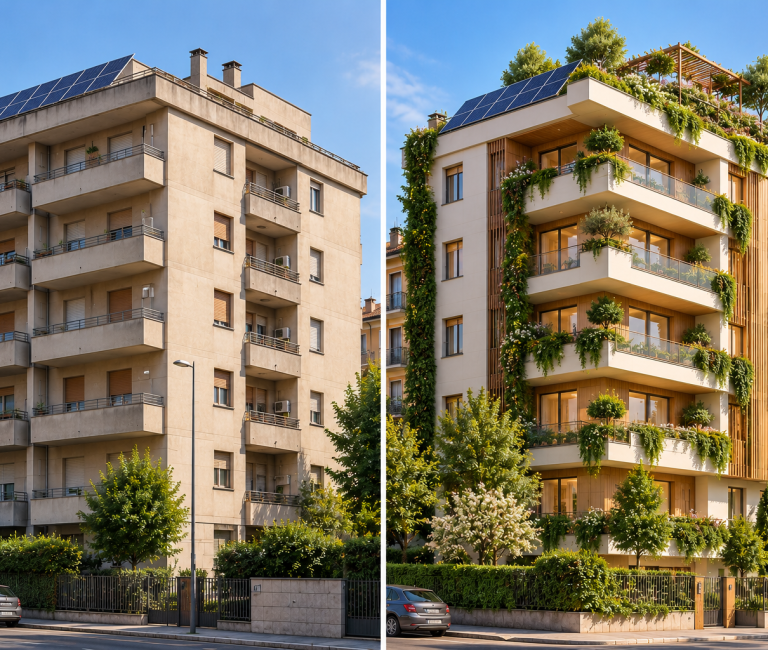 Sostenibilità edilizia: edificio riqualificato con pannelli fotovoltaici e tetto verde