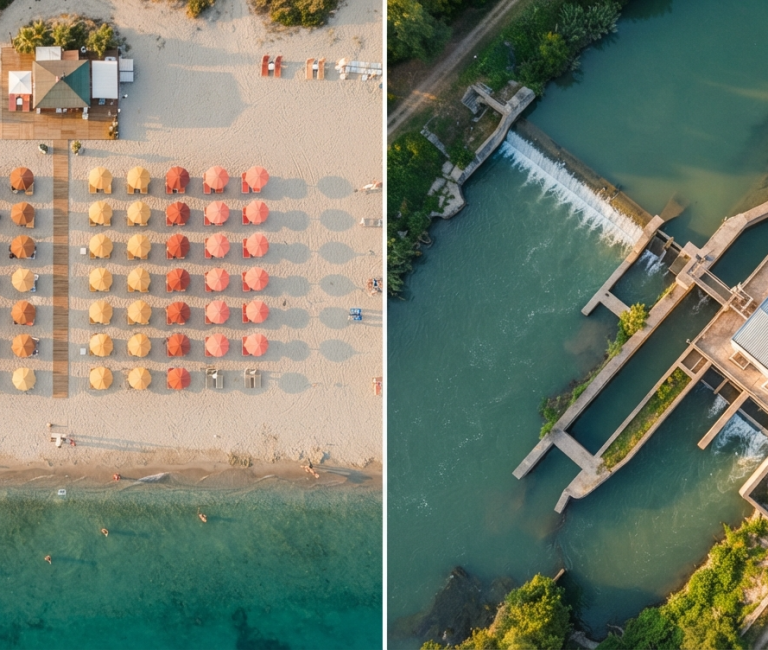 Lido balneare e impianto idroelettrico visti dall'alto: due usi di risorse demaniali